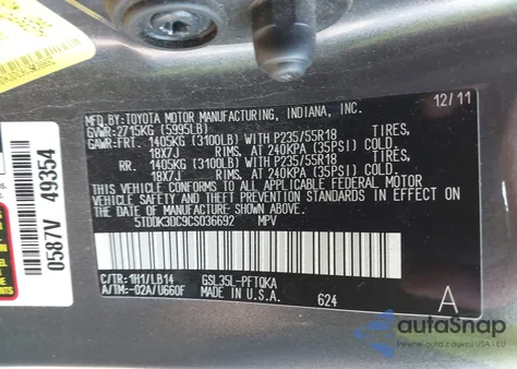 2012 Toyota Sienna Xle 7 Passenger z USA, uszkodzony, nr VIN 5TDDK3DC9CS036692
